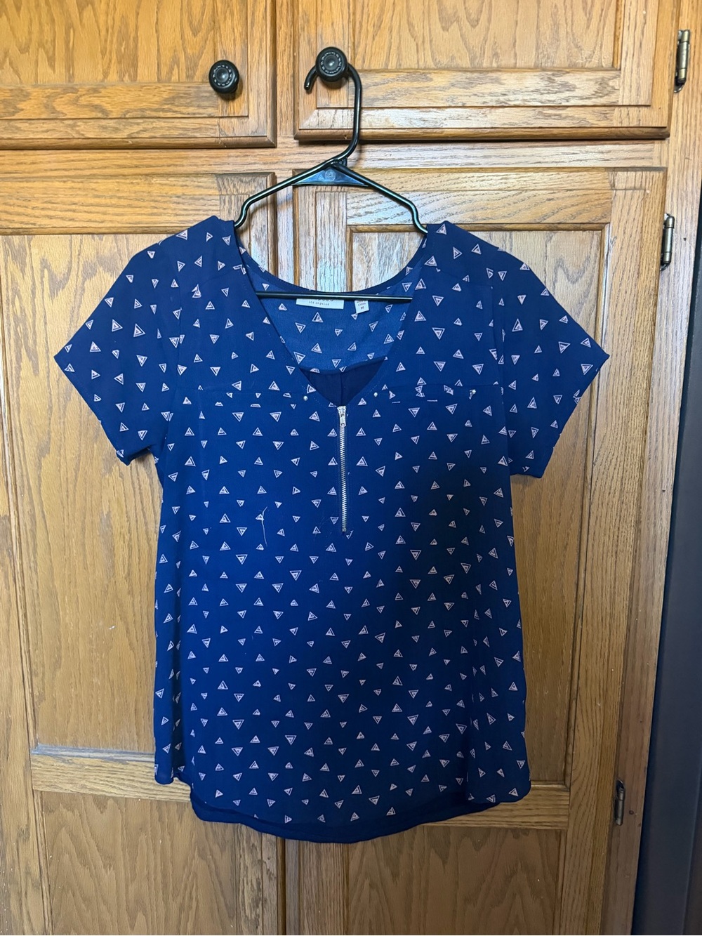 Tempted Navy Short Sleeve V-Neck Top with Pink Triangle Print